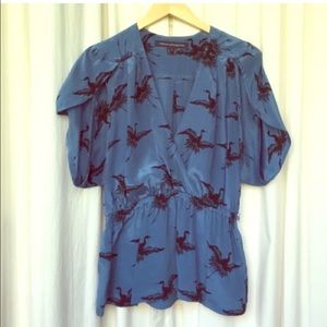 French Connection blue crane print silk wrap top